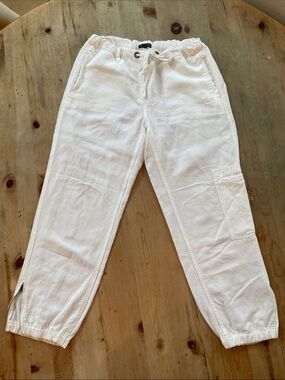 Eileen Fisher White Zip-Hem Cargo Jogger Pants Drawstring Luxury-Sm Linen Blend